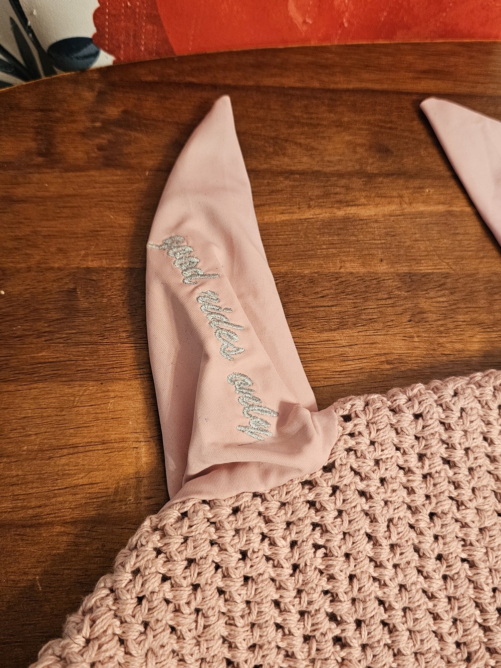 Soft Pink Crochet Ear Bonnet - Lightweight Fly Veil for Horses - Picture 2 of 3